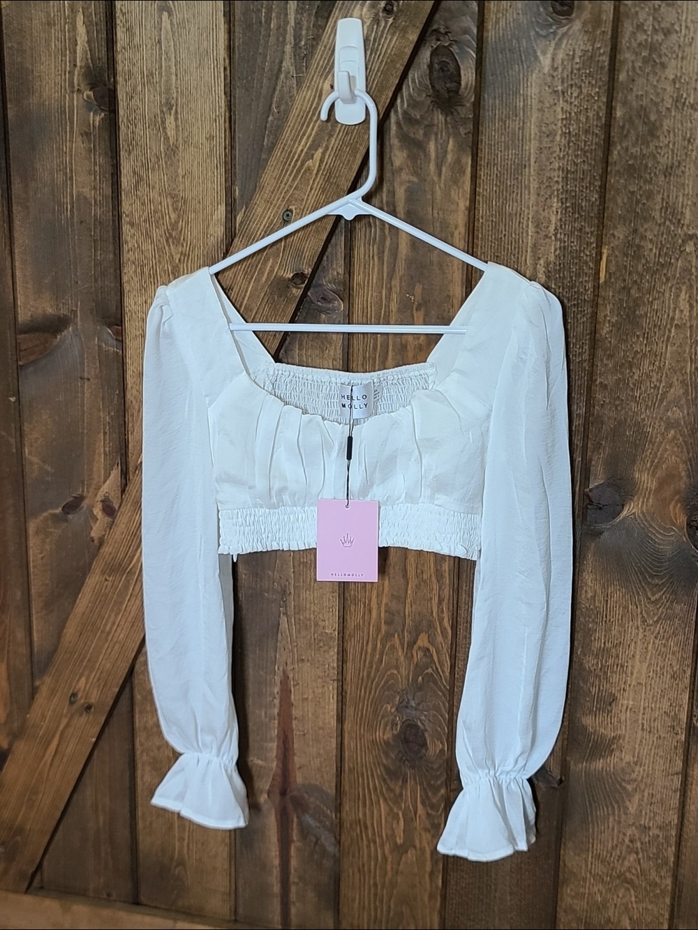 NWT Hello Molly White Cropped Peasant Blouse Size XS Puff Sleeve Smocked Top